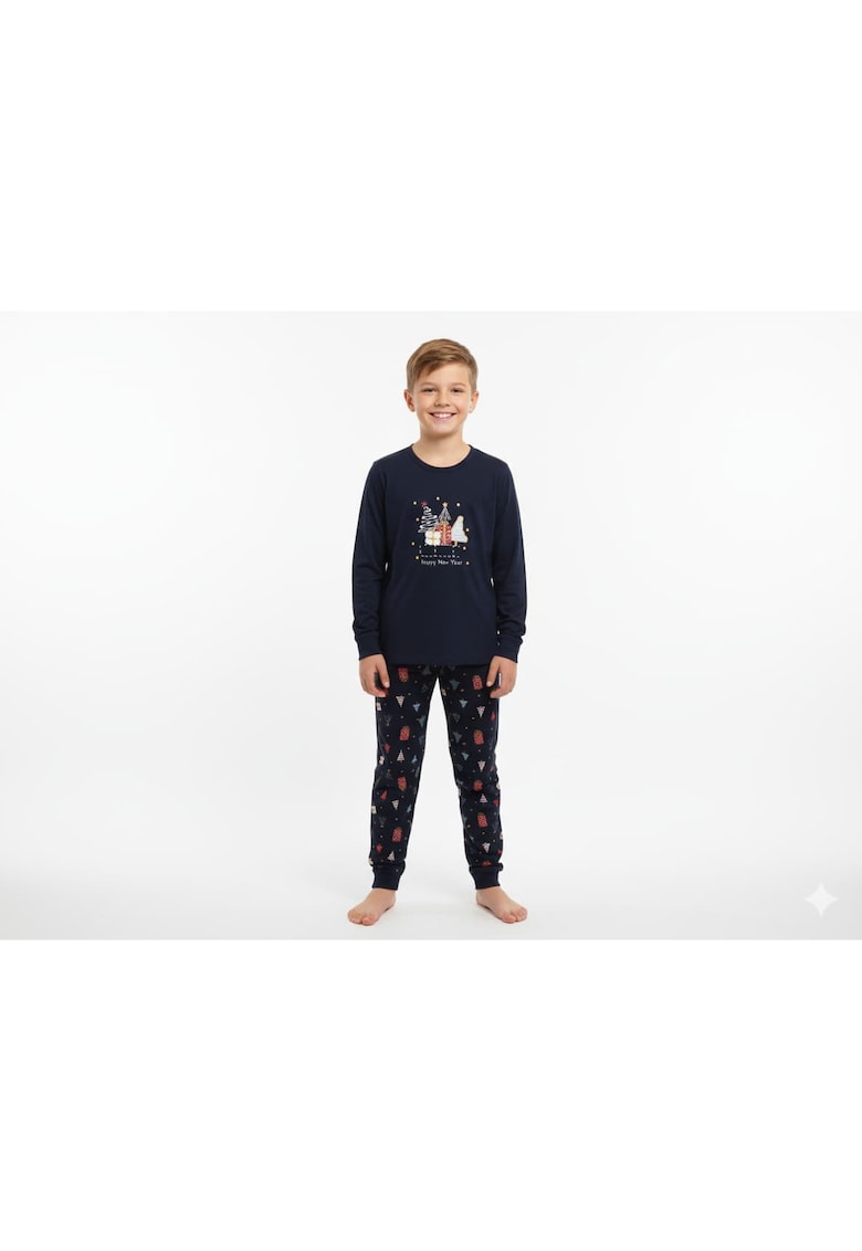 Pijama cu imprimeu de Craciun - din bumbac - pentru baieti - Albastru