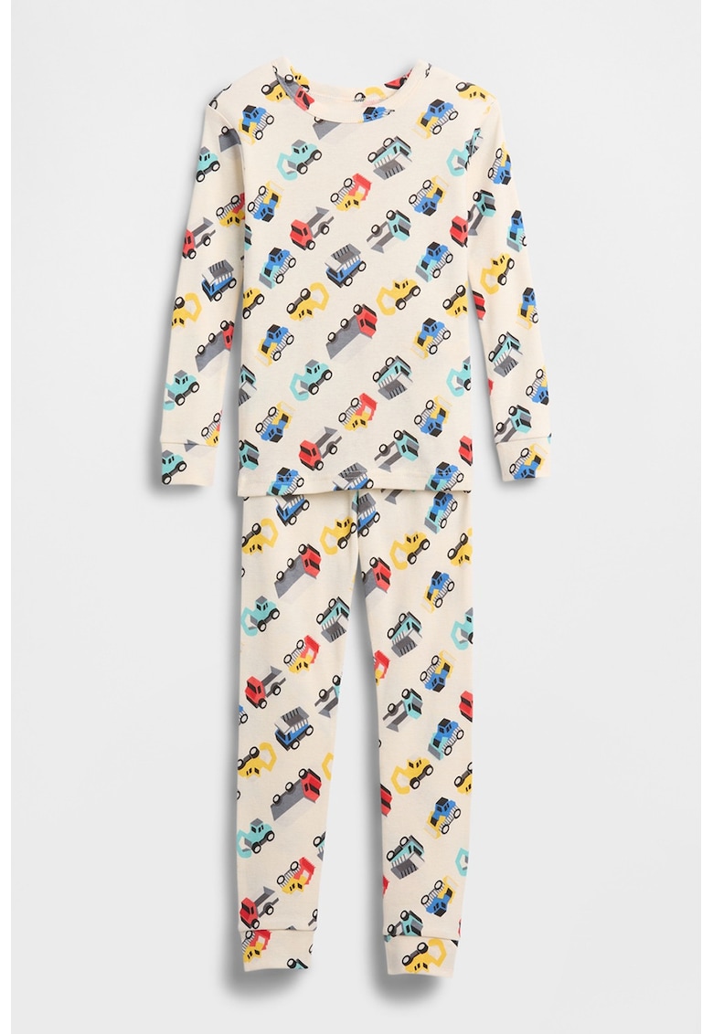 Pijama de bumbac organic cu masini - Rosu vermillion/Albastru deschis/Bej deschis