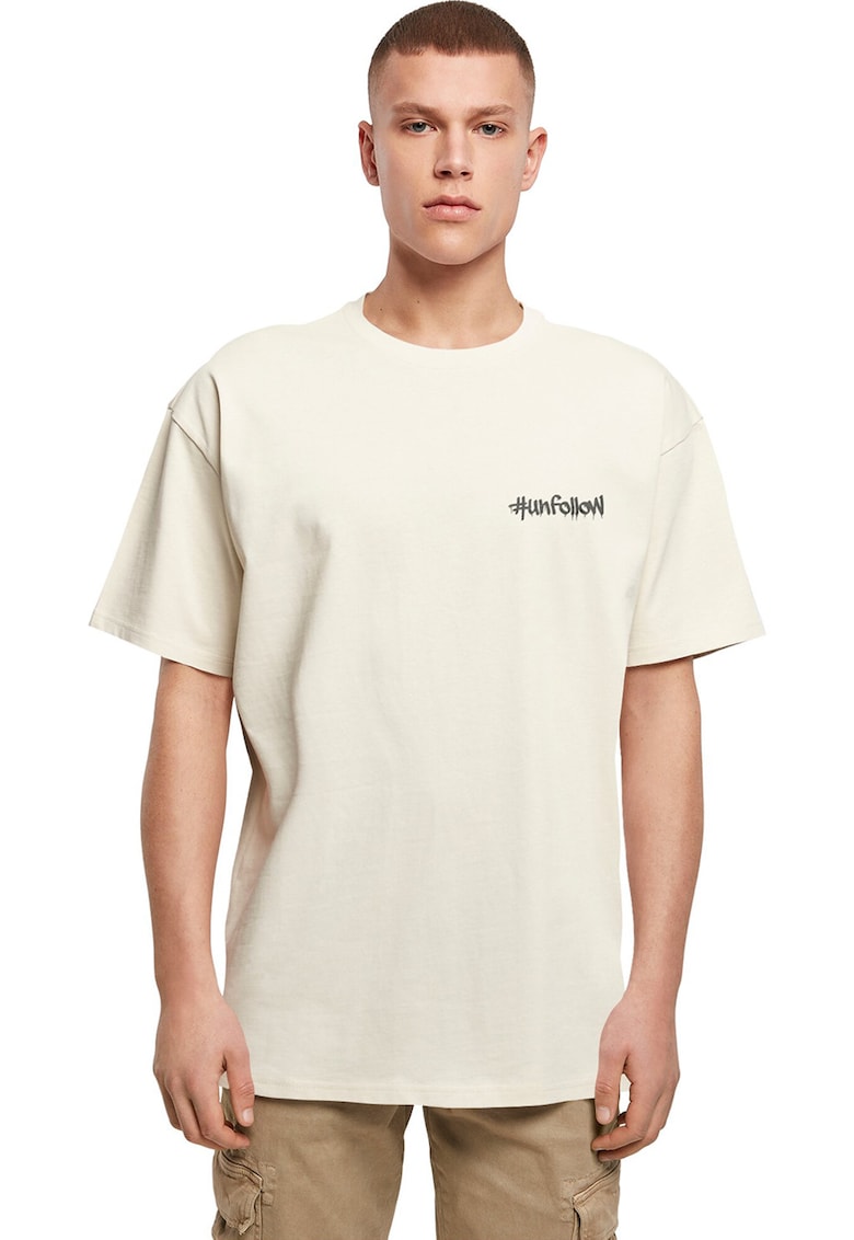 Tricou lejer cu decolteu la baza gatului si imprimeu text - Maro nisip