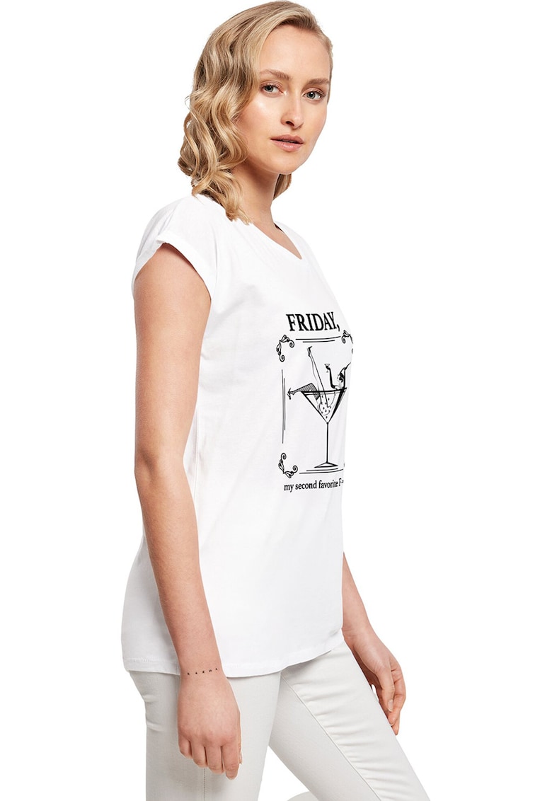 Tricou din bumbac cu imprimeu si terminatii rulate - Alb