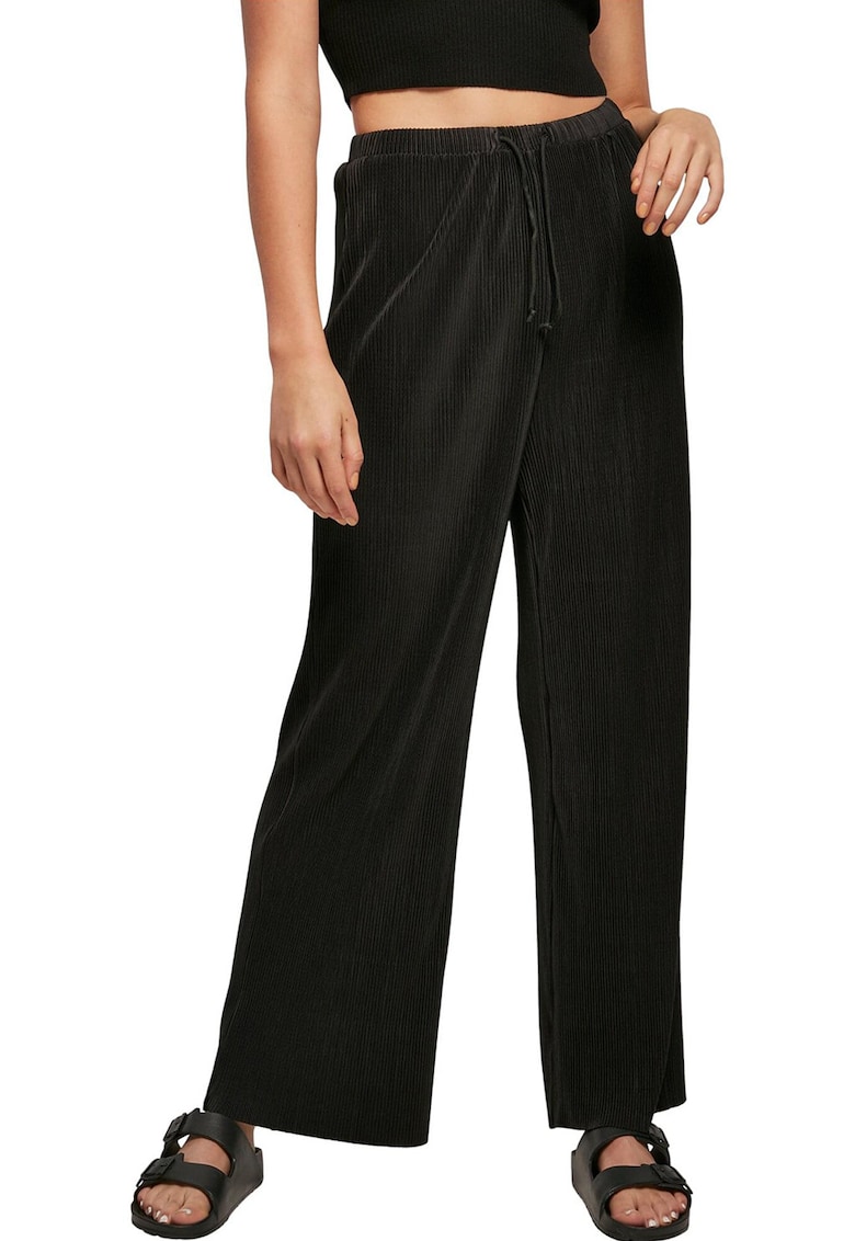 Pantaloni striati cu croiala dreapta si snur de ajustare - Negru