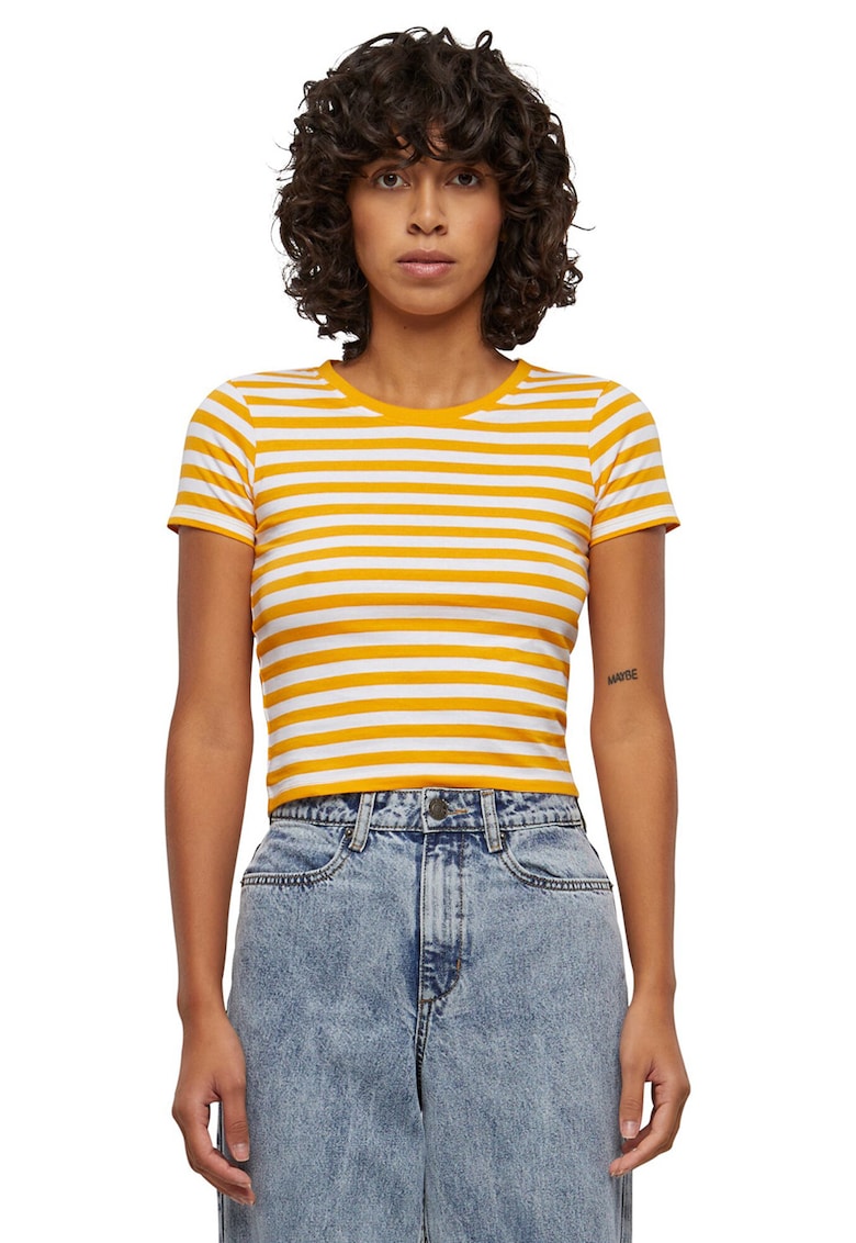 Tricou crop cu model in dungi - Alb/Portocaliu