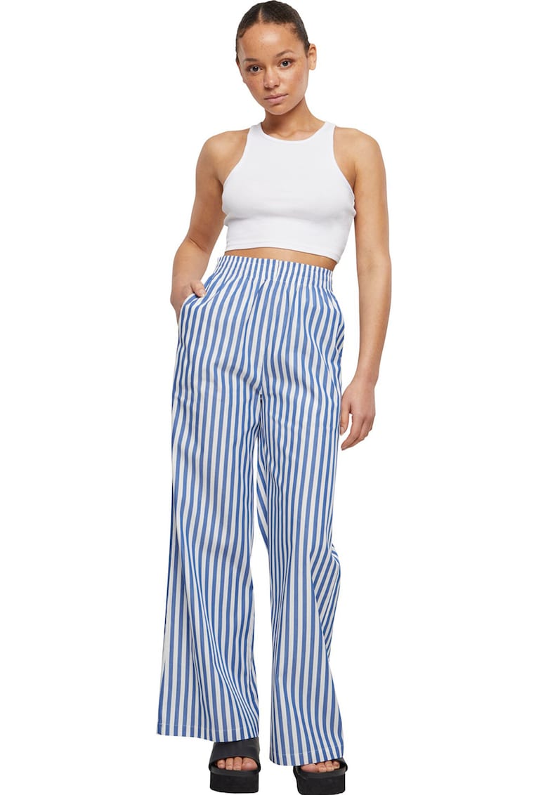 Pantaloni cu talie inalta si model in dungi - Alb/Albastru