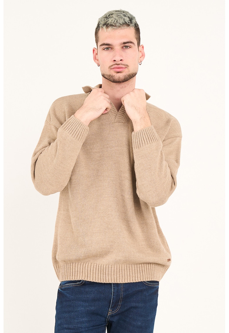 Pulover cu model uni si guler - Maro nisip