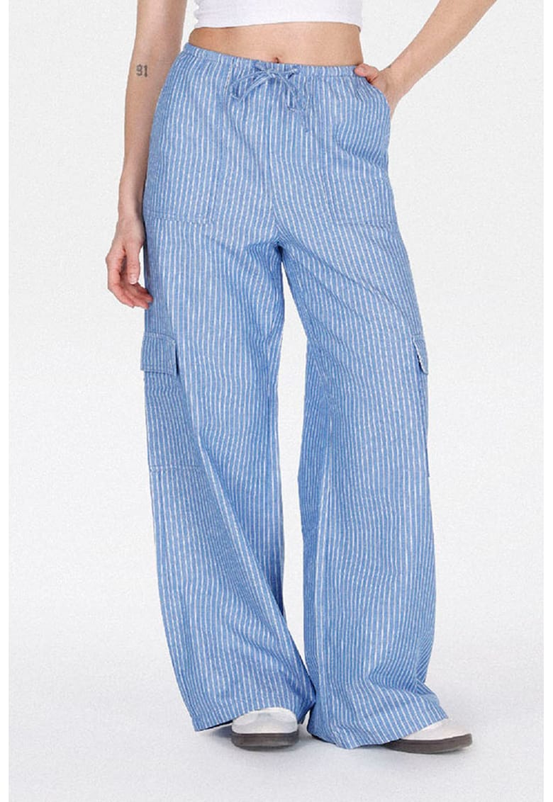 Pantaloni evazati din amestec de in cu model in dungi - Albastru azur