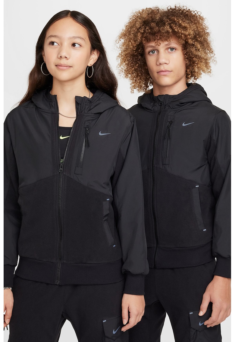 Hanorac cu fermoar si detalii din fleece - Negru
