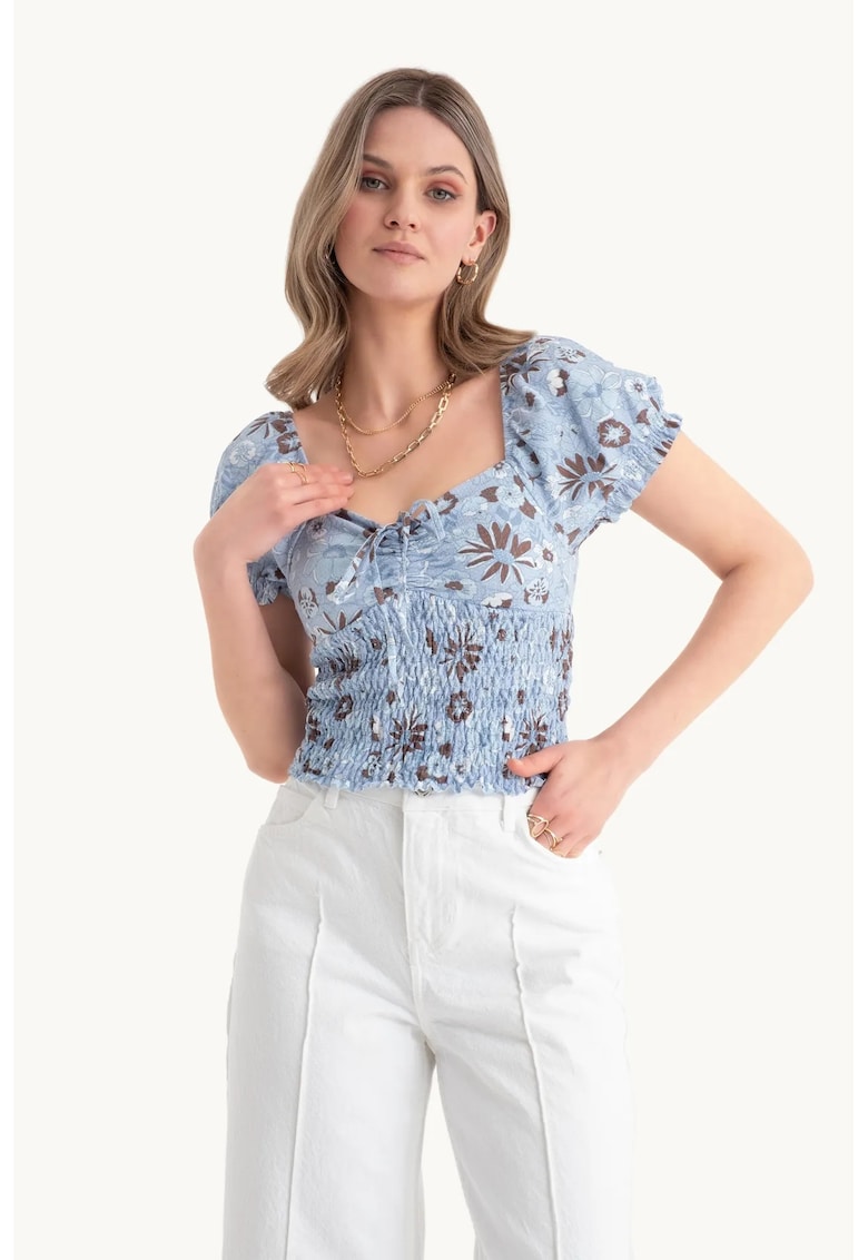 Top  -  floral - decolteu inima - maneci bufante - multicolor - jerseu