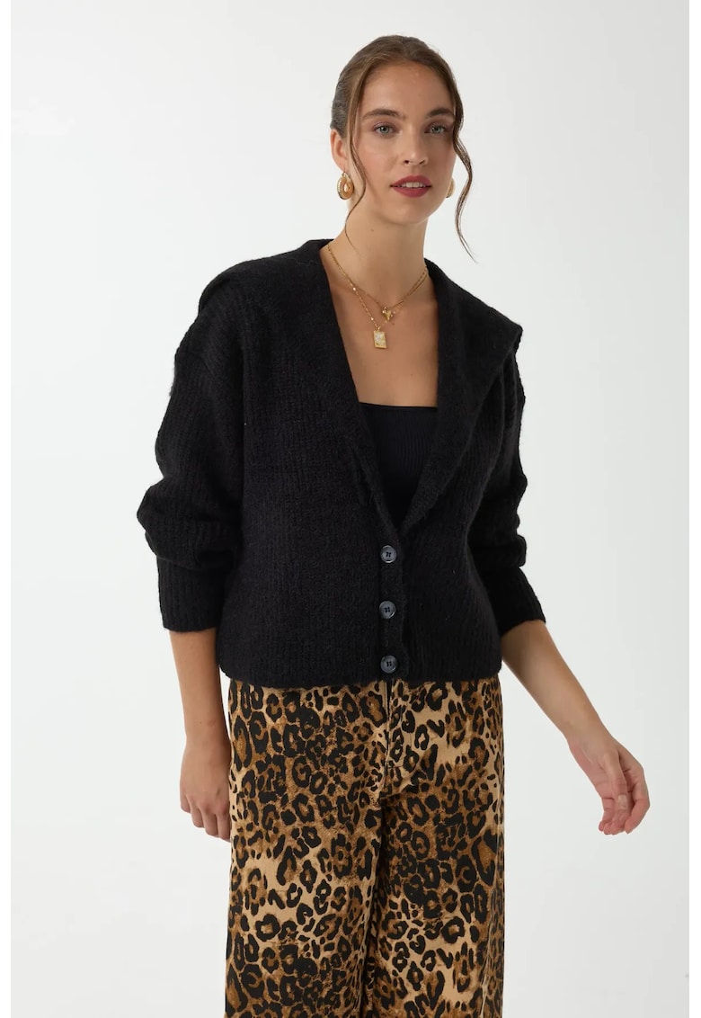 Pulover dama -  cardigan tricotat cu nasturi - croiala lejera - acril - Negru