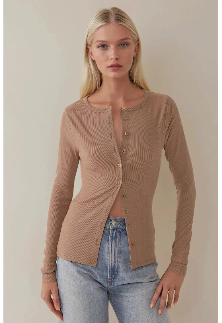 Top dama -  slim fit - decolteu in V - maneca lunga - maro - bumbac