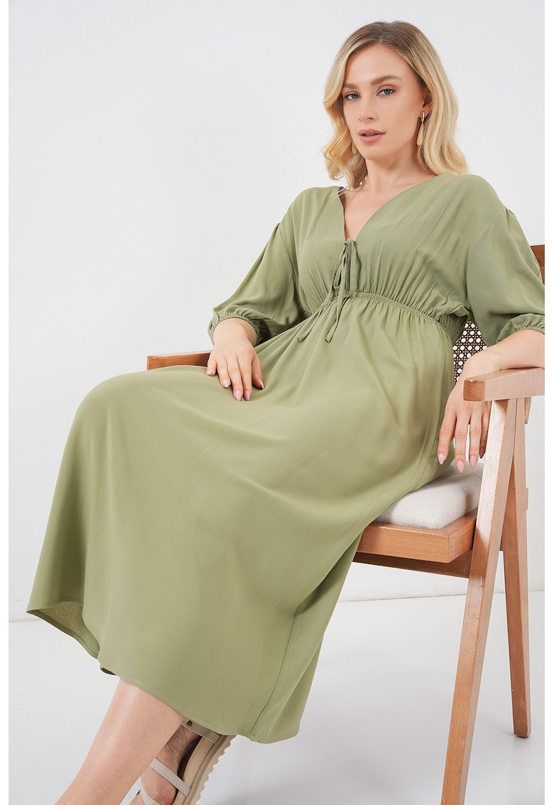 Rochie midi HiCCUP - in decolteu in V - Verde padure - textil - Verde