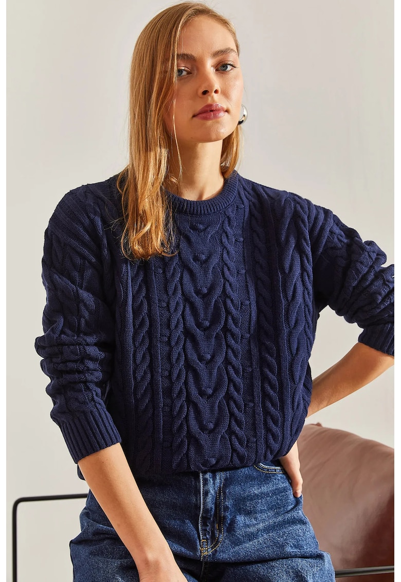 Pulover dama -  guler rotund - texturat - bleumarin - tricot -