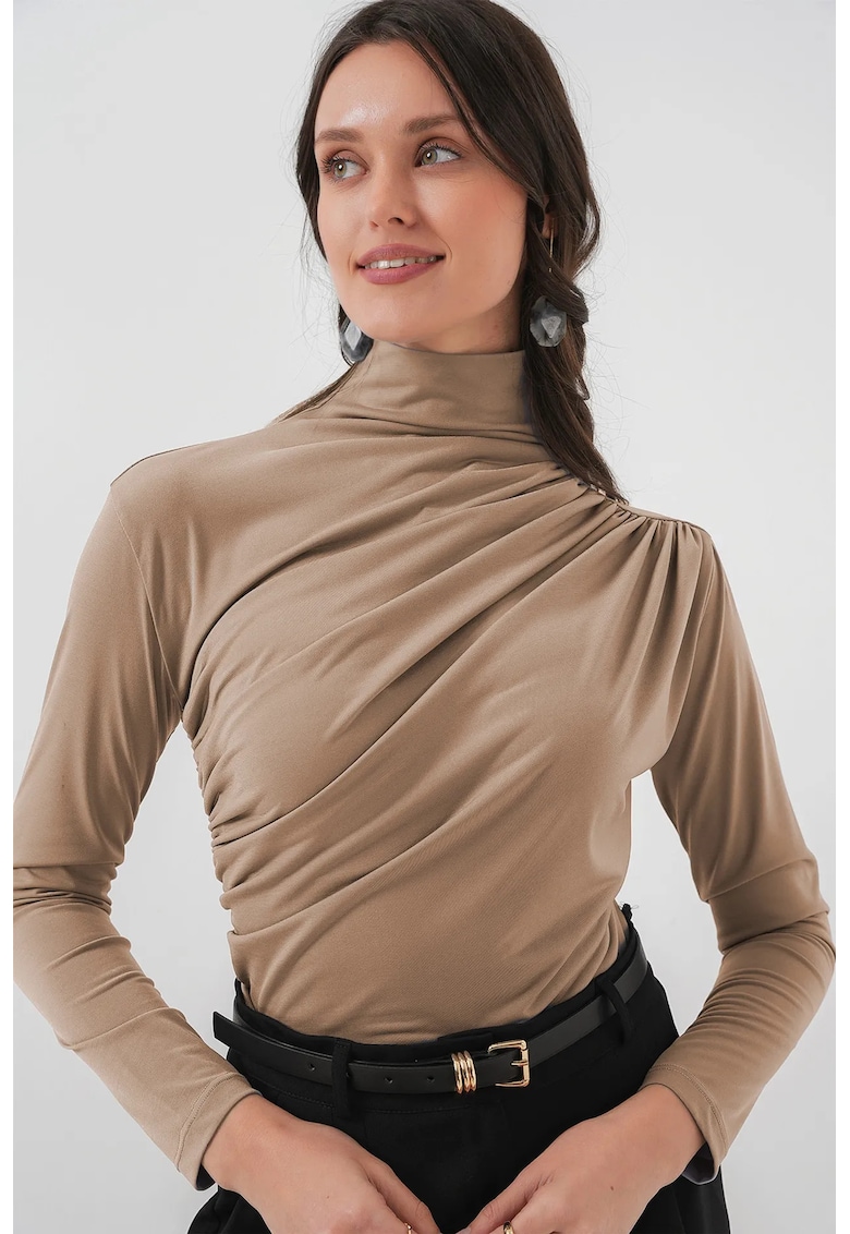 Bluza dama - HiCCUP - mulata cu guler pe gat - detaliu drapaj - bej - jerseu