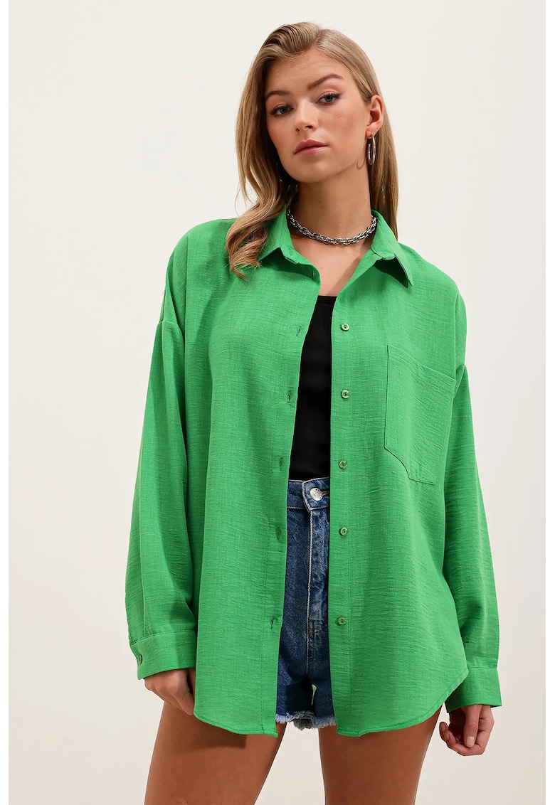 Camasa basic HiCCUP - detaliata - verde - din amestec de in