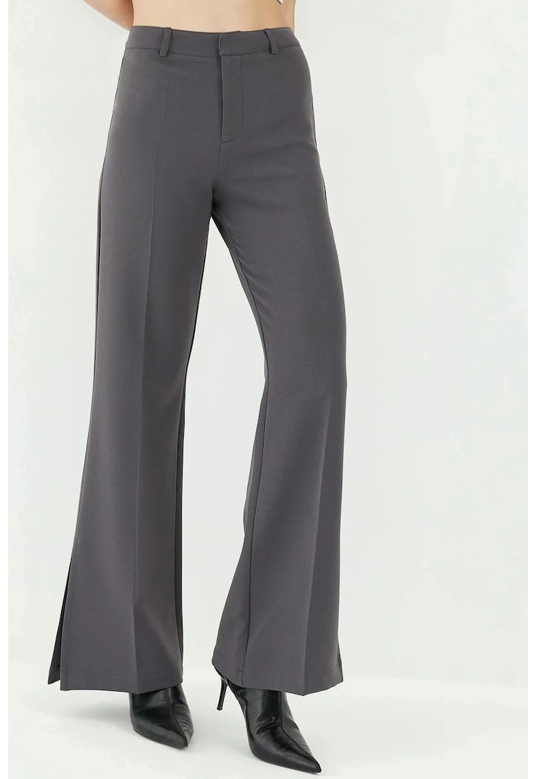 Pantaloni dama -  evazati cu talie inalta - gri - textil