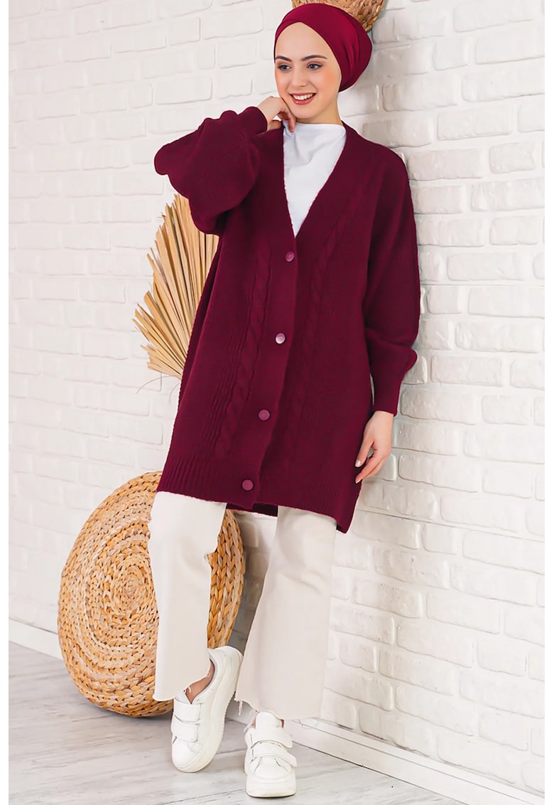 Cardigane -  Femei - Cardigan jacquard cu decolteu in V si nasturi BDART - Rosu Burgund -