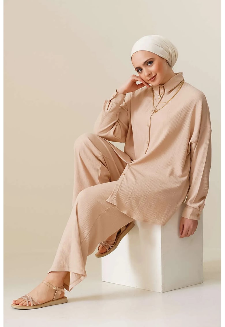 Costum dama - HiCCUP - set coordonat camasa si pantaloni supradimensionati - maro - textil