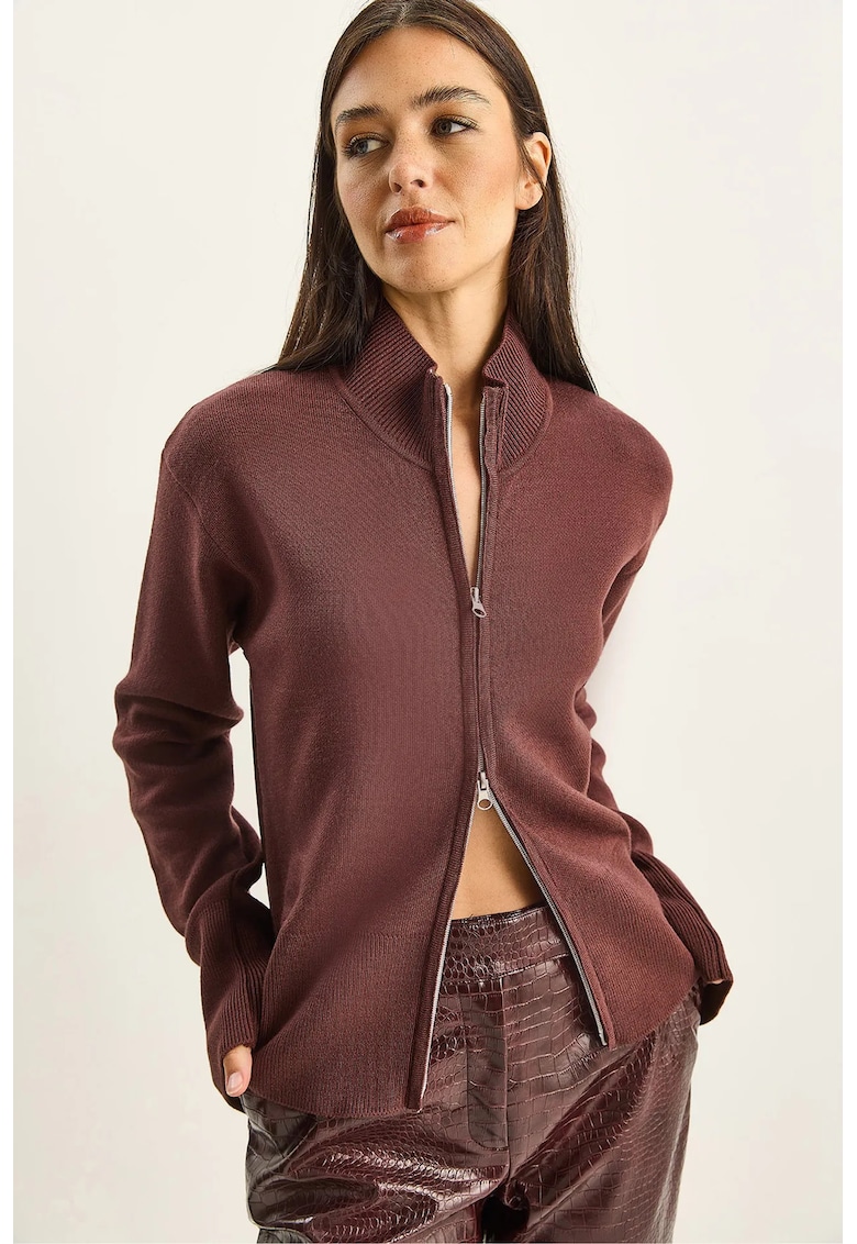 Pulover dama -  cardigan tricotat - guler pe jumatate - fermoar - visiniu - tricot -