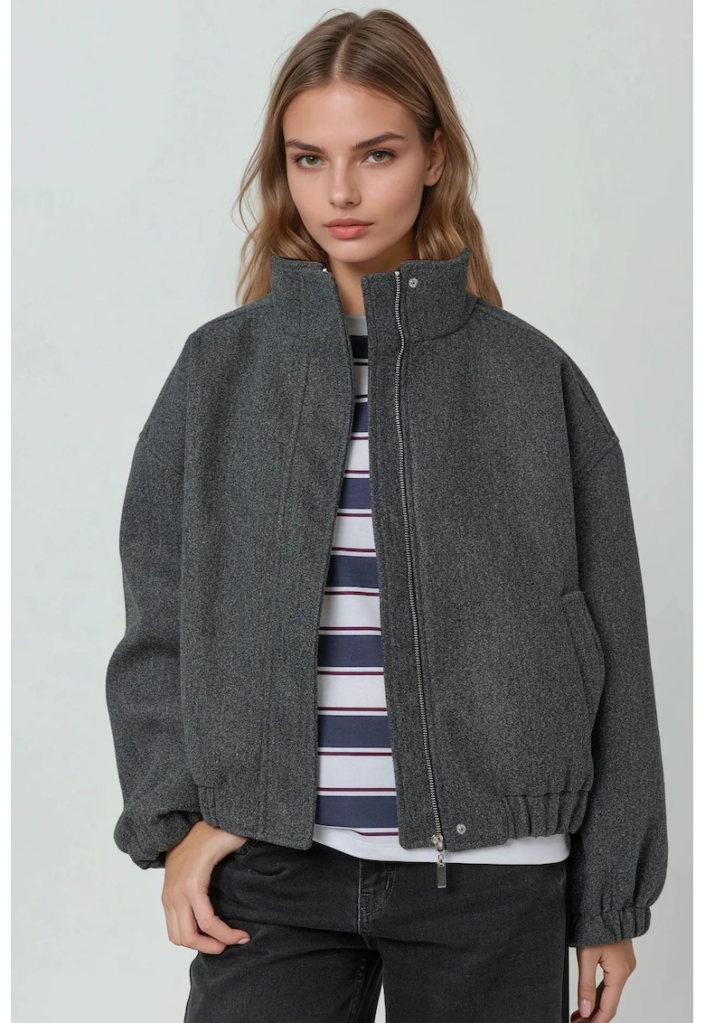 Jacheta bomber  texturata - supradimensionata - gri inchis - material textil