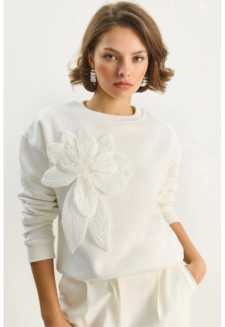 Hanorac dama  maneca lunga - guler rotund - alb - textil