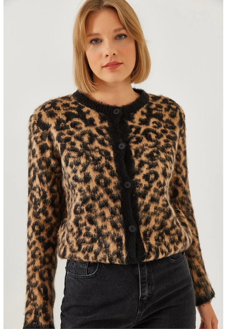Cardigan tricotat gros  cu nervuri si imprimeu leopard - multicolor - tricot -