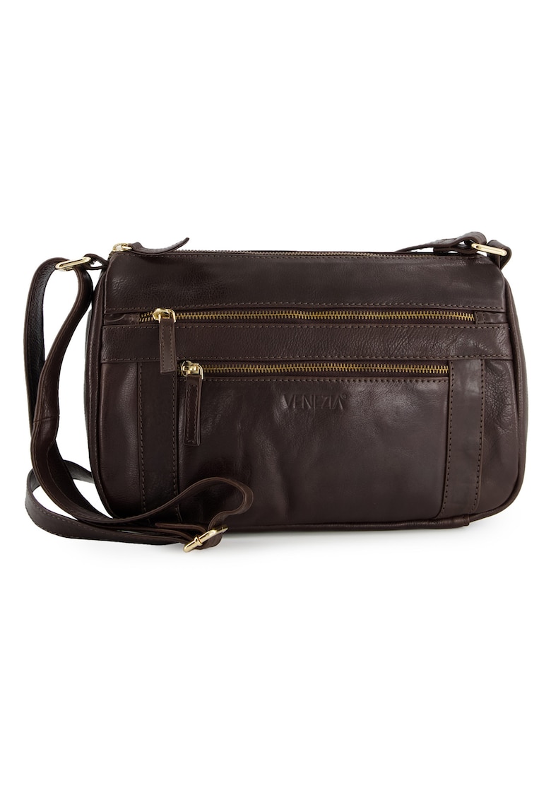 Geantă crossbody din piele naturală cu multiple buzunare cu fermoar