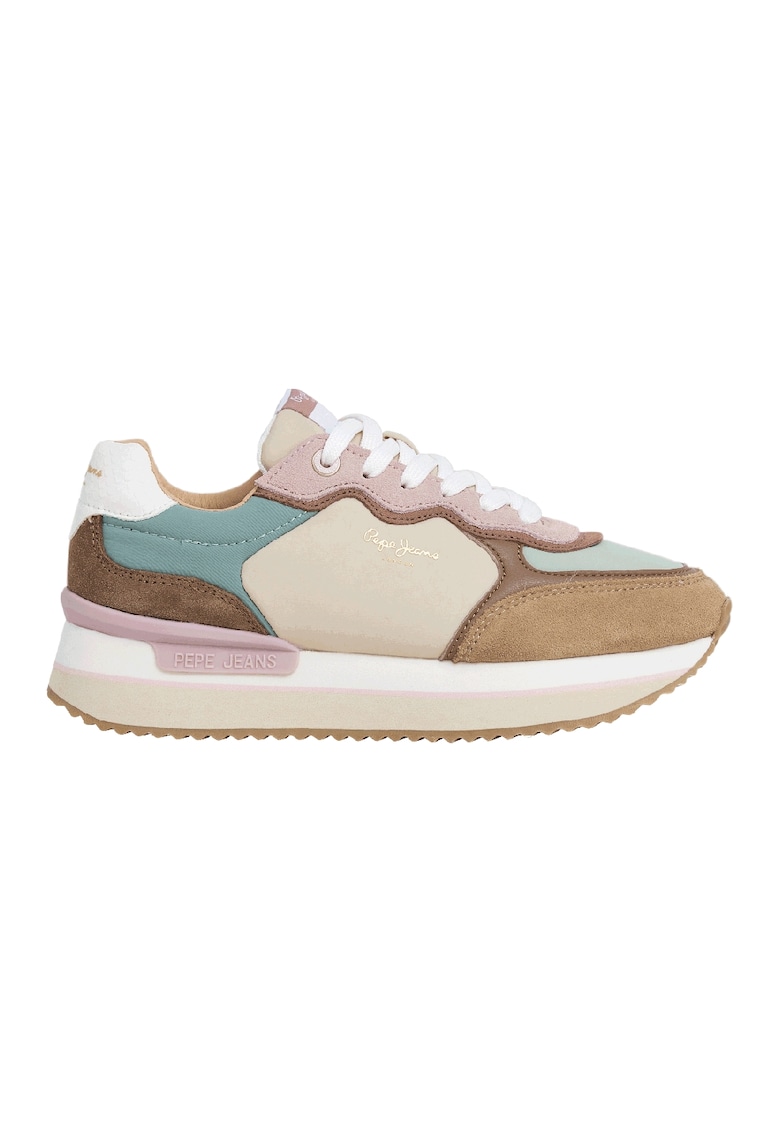 Pantofi sport din piele intoarsa si material textil - Maro deschis/Roz pal/Verde persan