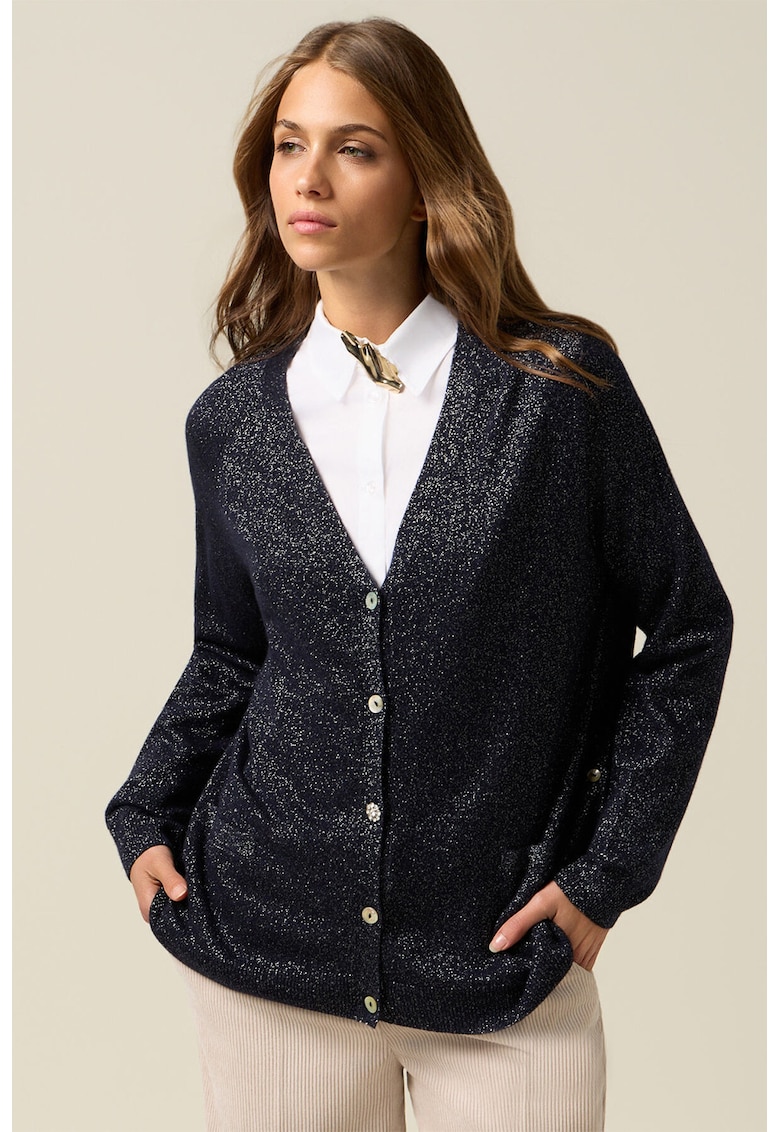 Cardigan din amestec de lana cu insertii stralucitoare - Albastru ultramarin/Argintiu