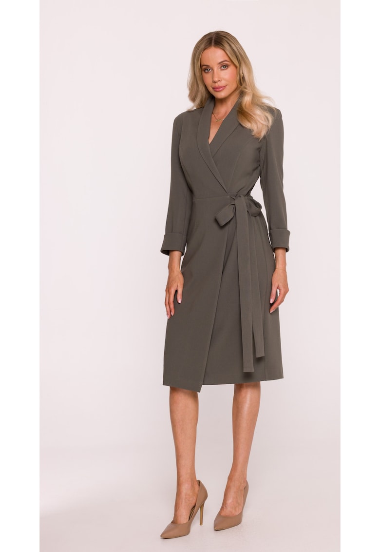 Rochie Midi - S415 Kaki Decolteu in V - Guler Sal - Maneci 7/8 - Legatura in talie - Material neted cu finisaj moale - Partial captusita - Stil infasurat - Kaki