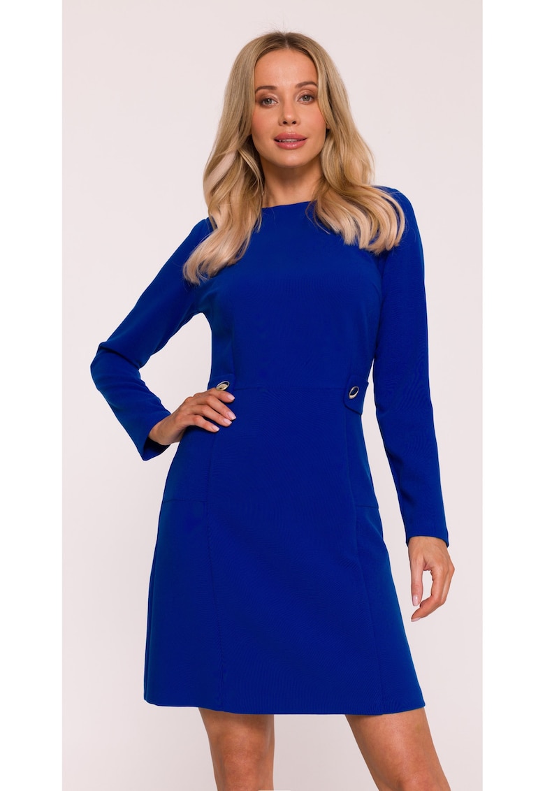 Rochie mini S419 albastru maneci lungi - decolteu rotund - nasturi decorativi - material neted cu finisaj moale - inchidere cu fermoar la spate - Albastru