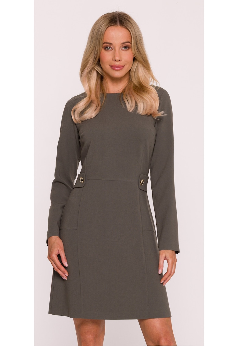 Rochie mini S419 kaki maneci lungi - decolteu rotund - bretele decorative in talie cu nasturi aurii - material neted cu finisaj moale - cu fermoar la spate - Kaki