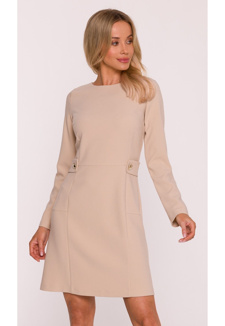 Rochie mini S419 bej maneci lungi - decolteu rotund - bretele decorative in talie cu nasturi aurii - material neted cu finisaj moale - Inchizatoare cu fermoar la spate - Bej