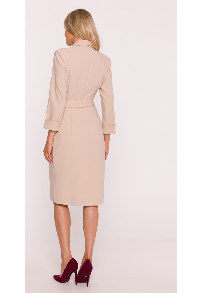 Rochie Midi S415 Beżowa Decolteu in V - Top mulat - Maneci 7/8 cu mansete - Talie cu curea - Bej