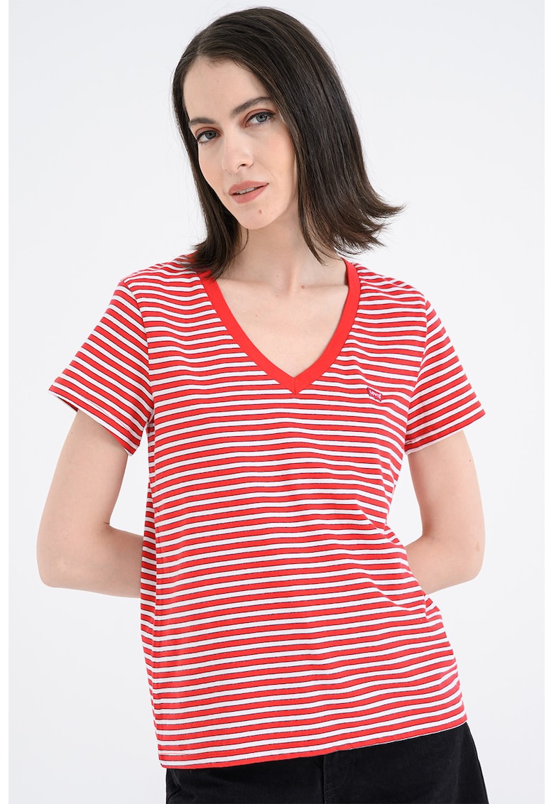 Tricou de bumbac cu decolteu in V - Rosu/Alb