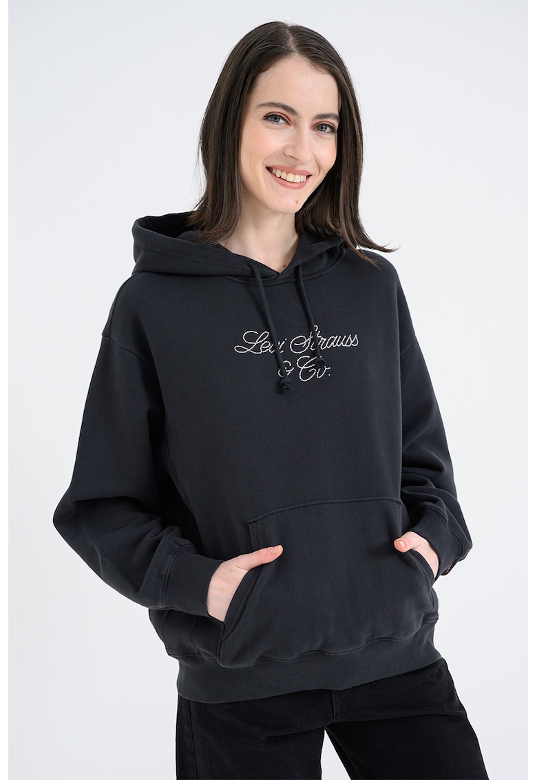 Hanorac relaxed fit de bumbac cu buzunar kangaroo - Negru