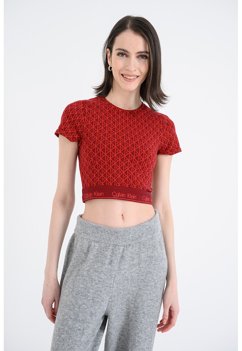 Tricou crop cu imprimeu logo - Rosu