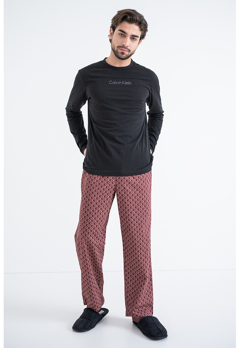 Pijama lejera de bumbac cu logo brodat pe piept - Visiniu/Negru