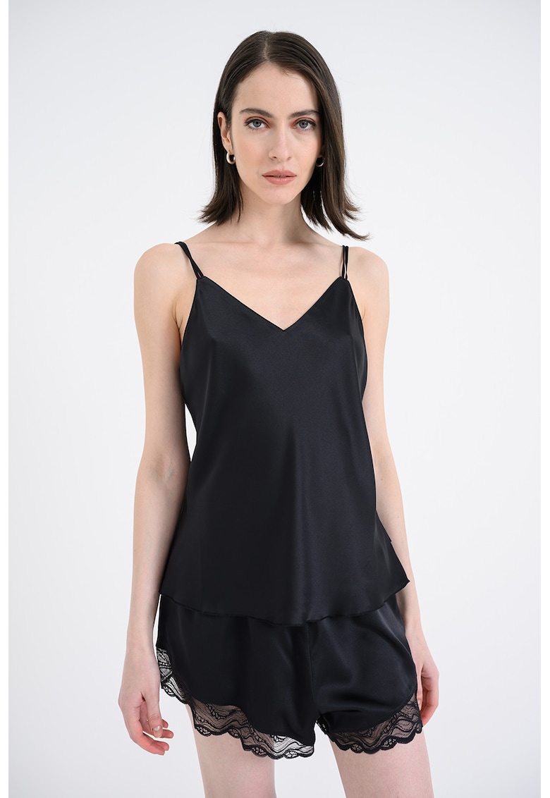 Pijama de satin cu dantela - Negru