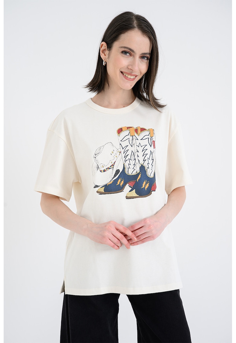 Tricou lejer din bumbac cu imprimeu - Alb