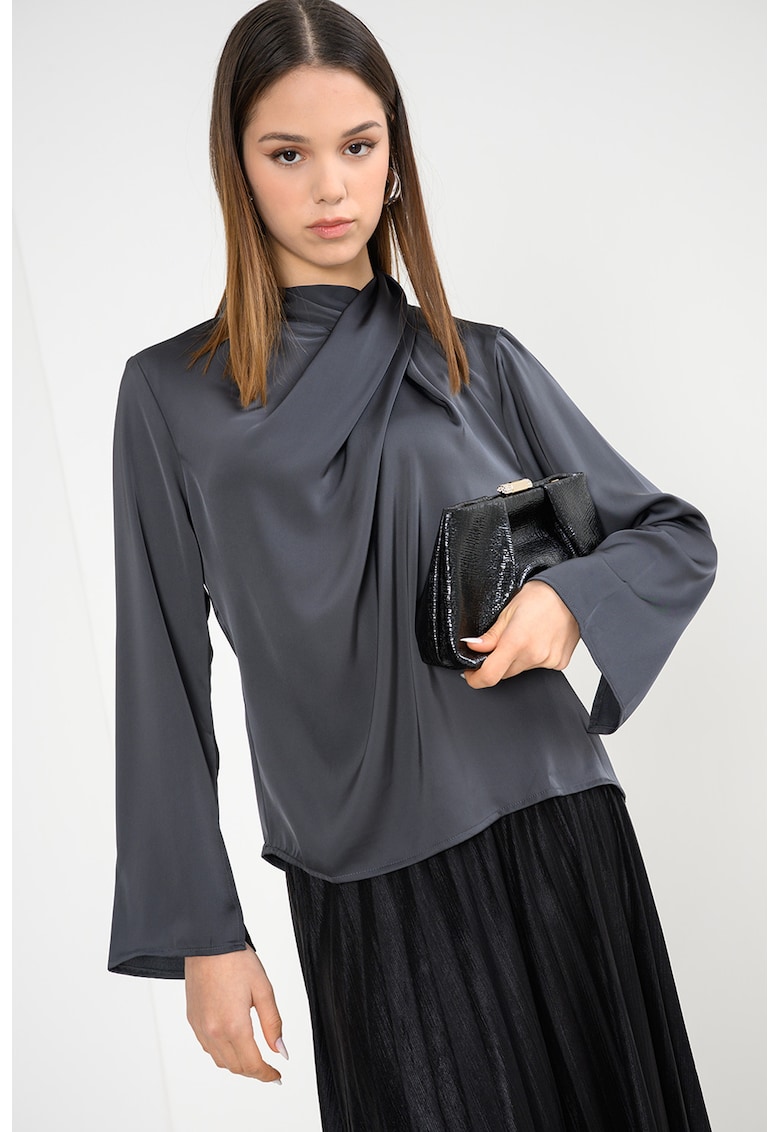 Bluza din satin cu guler scurt - Gri carbune