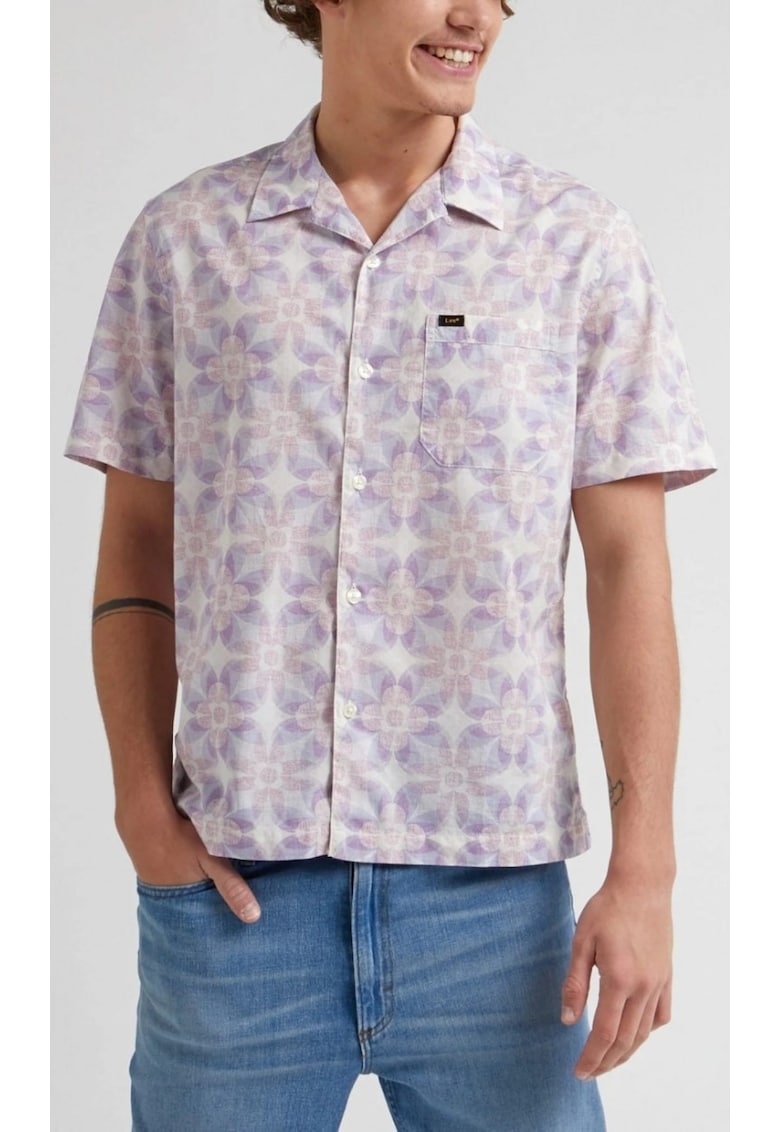 Camasa  Resort Relaxed Fit - bumbac - model floral geometric alb-violet - gri - maneca scurta -