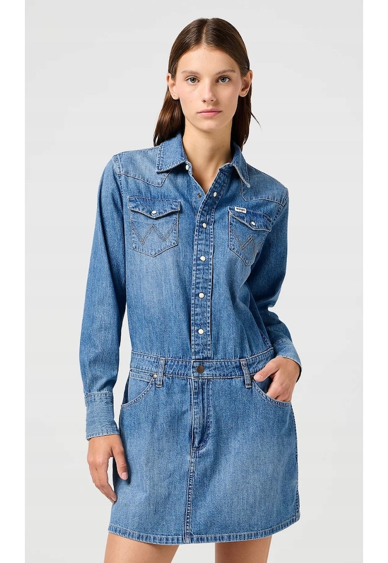 Rochie  mulata - albastra - bumbac - cu buzunare si fermoar