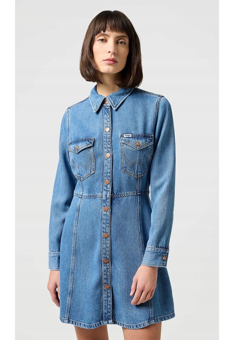 Rochie tip camasa  denim/lyocell - croiala mulata-evazata - albastru deschis -