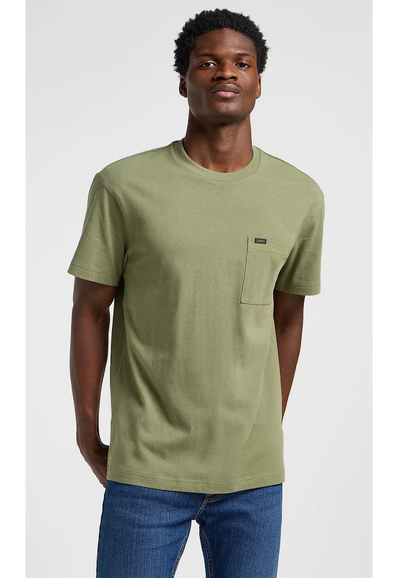 Tricou barbati -  relaxat - verde - bumbac - cu buzunar