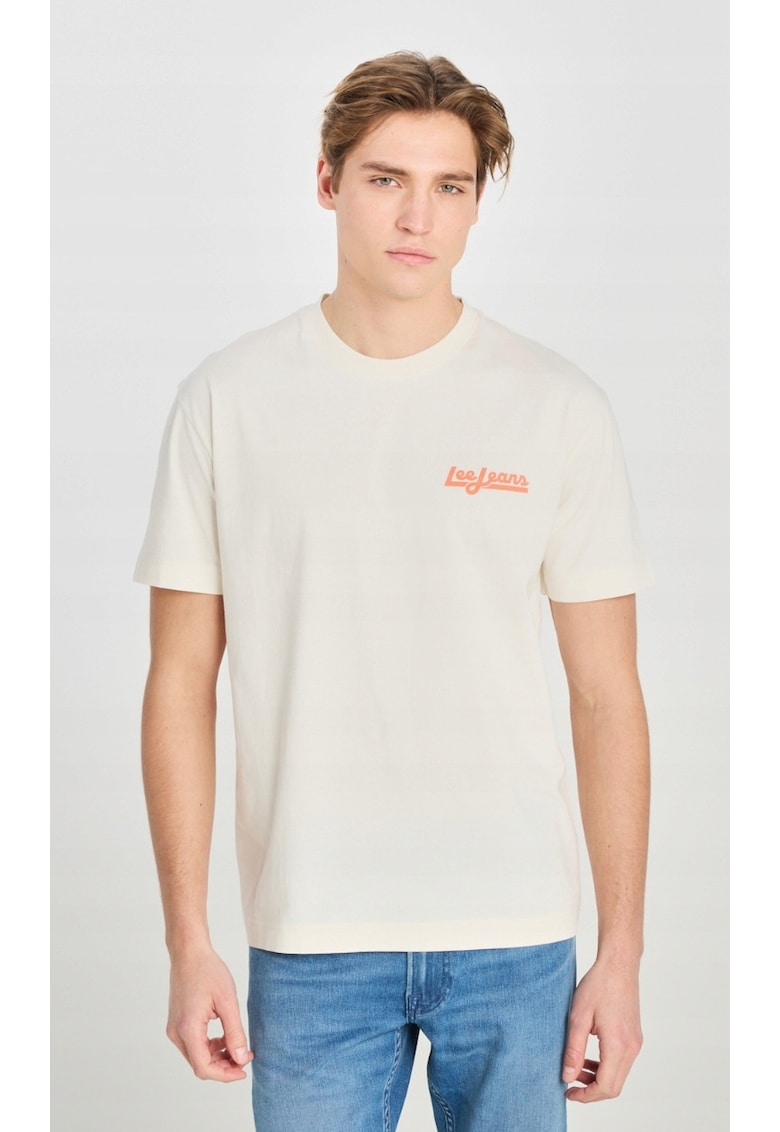Tricou barbati -  ecru - bumbac - imprimeu - croiala supradimensionata