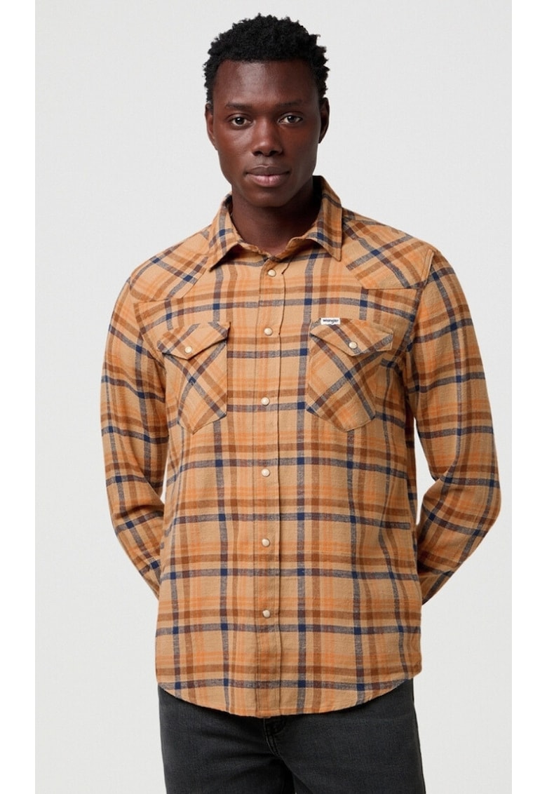 Camasa barbati -  model Western - bumbac - maro - albastru - maneca scurta - regular fit