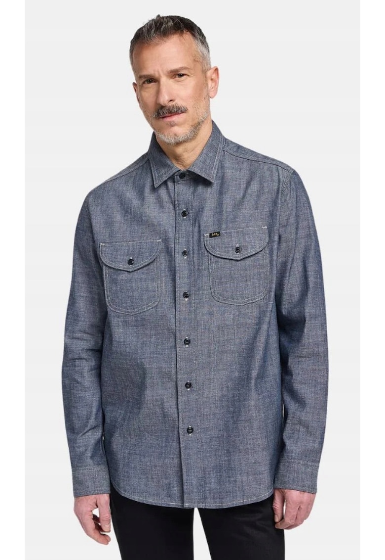 Camasa barbati -  denim chambray - bumbac - albastru - maneca scurta - fermoar si nasturi