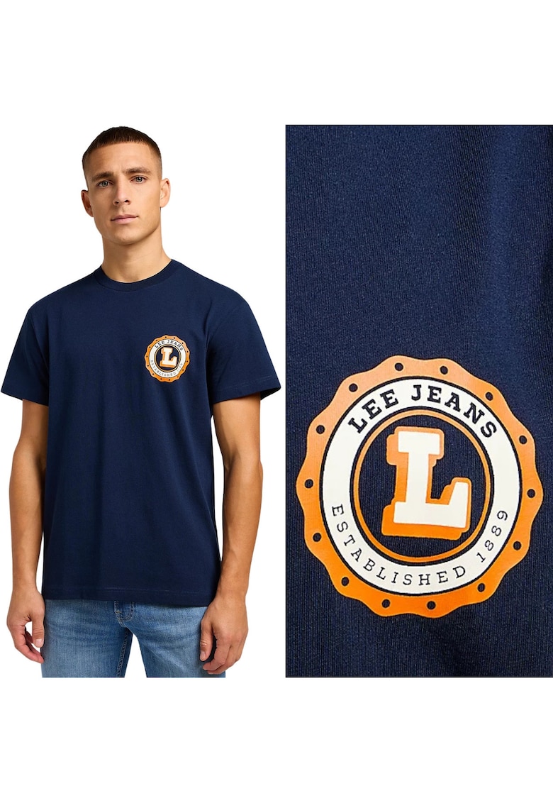 Tricou  Varsity Relaxed - bumbac - bleumarin cu imprimeu logo portocaliu si alb -