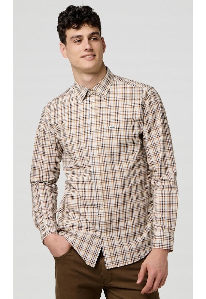 Camasa barbati  1 Pocket Poplin Regular Fit - carouri alb - maro - bleumarin - bej - bumbac