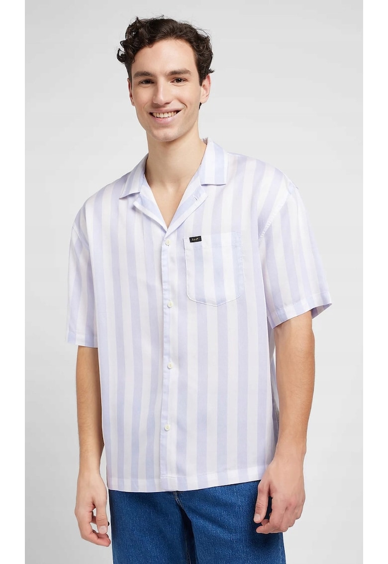 Camasa barbati  Camp Shirt - croiala lejera - alba cu dungi zmeurie - 100% lyocell - maneca scurta