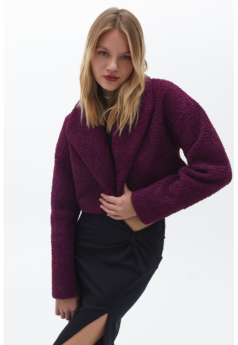 Haina crop de blana shearling sintetica cu revere ample - Violet tyrian